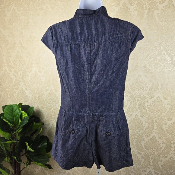 Trina Turk Size Small Blue Romper Cap Sleeve Button Front Zip Fly V-neck - Picture 7 of 14